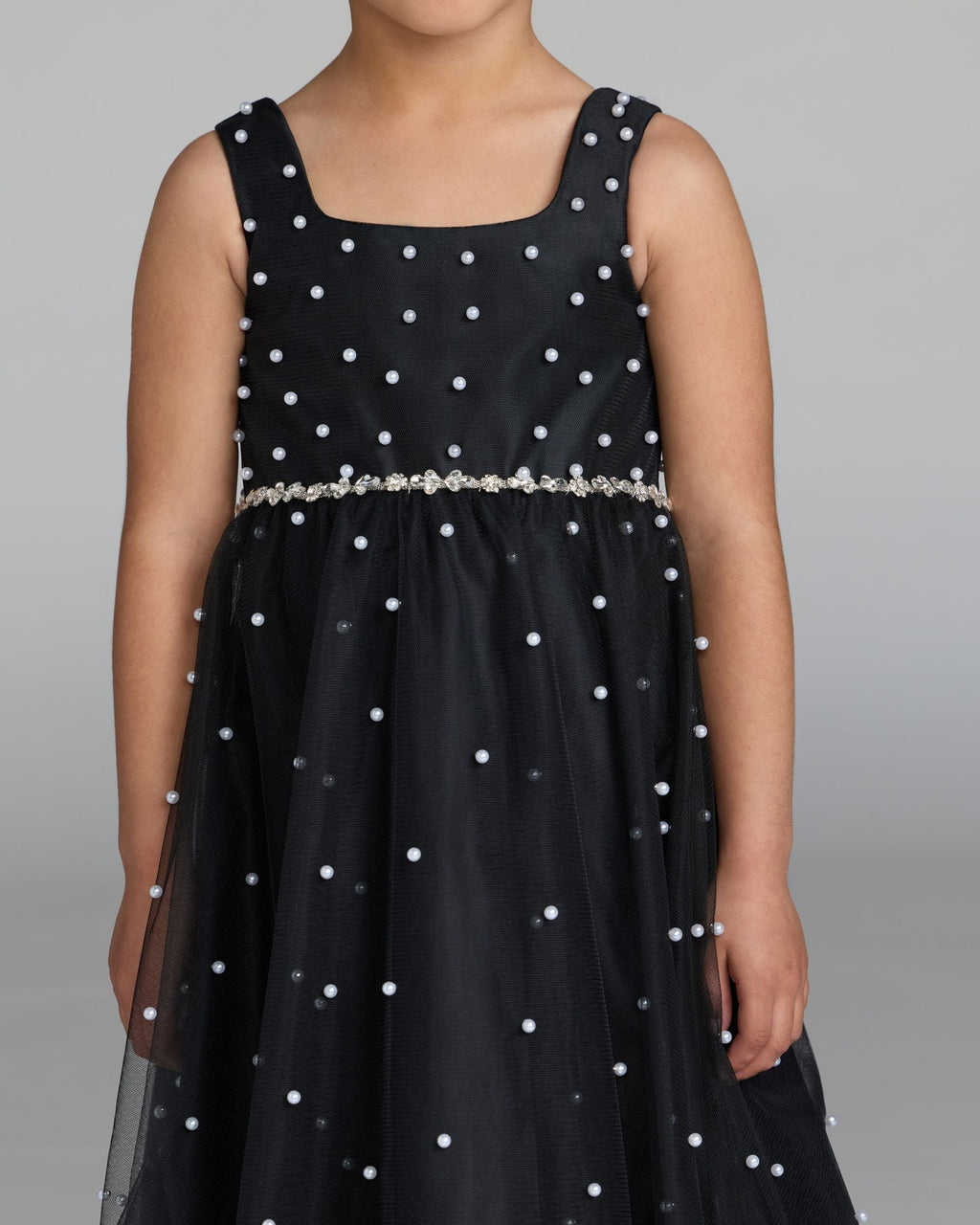 Girls Black Pearl Tulle Maxi Dress Designer Collection