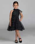 Girls Black Pearl Beaded Tulle Mini Dress Designer Collection