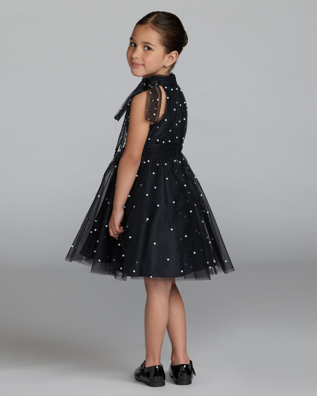 Girls Black Pearl Beaded Tulle Mini Dress Designer Collection