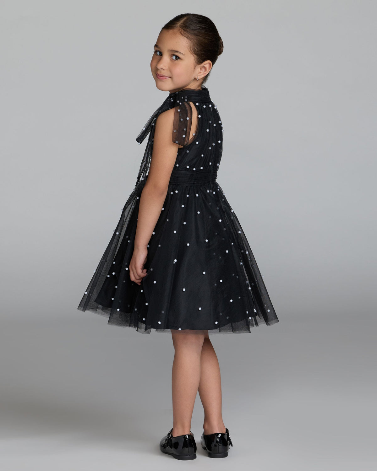 Girls Black Pearl Beaded Tulle Mini Dress Designer Collection