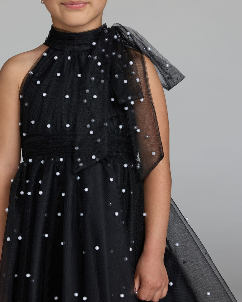 Girls Black Pearl Beaded Tulle Mini Dress Designer Collection