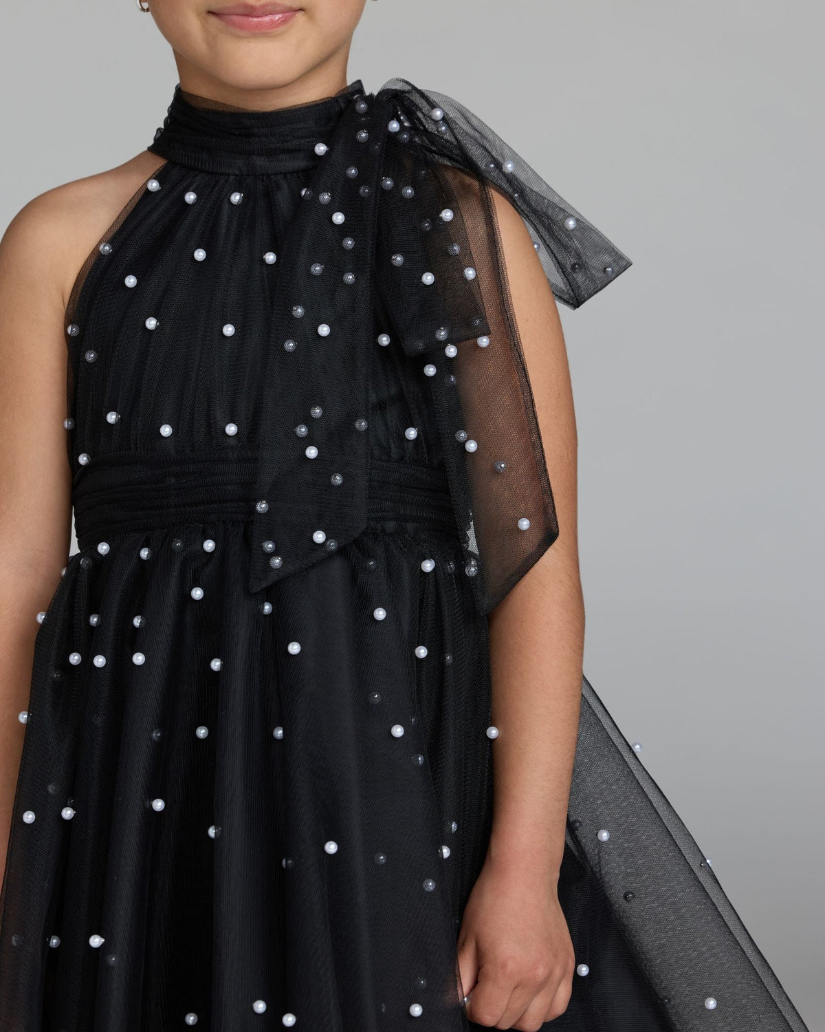 Girls Black Pearl Beaded Tulle Mini Dress Designer Collection