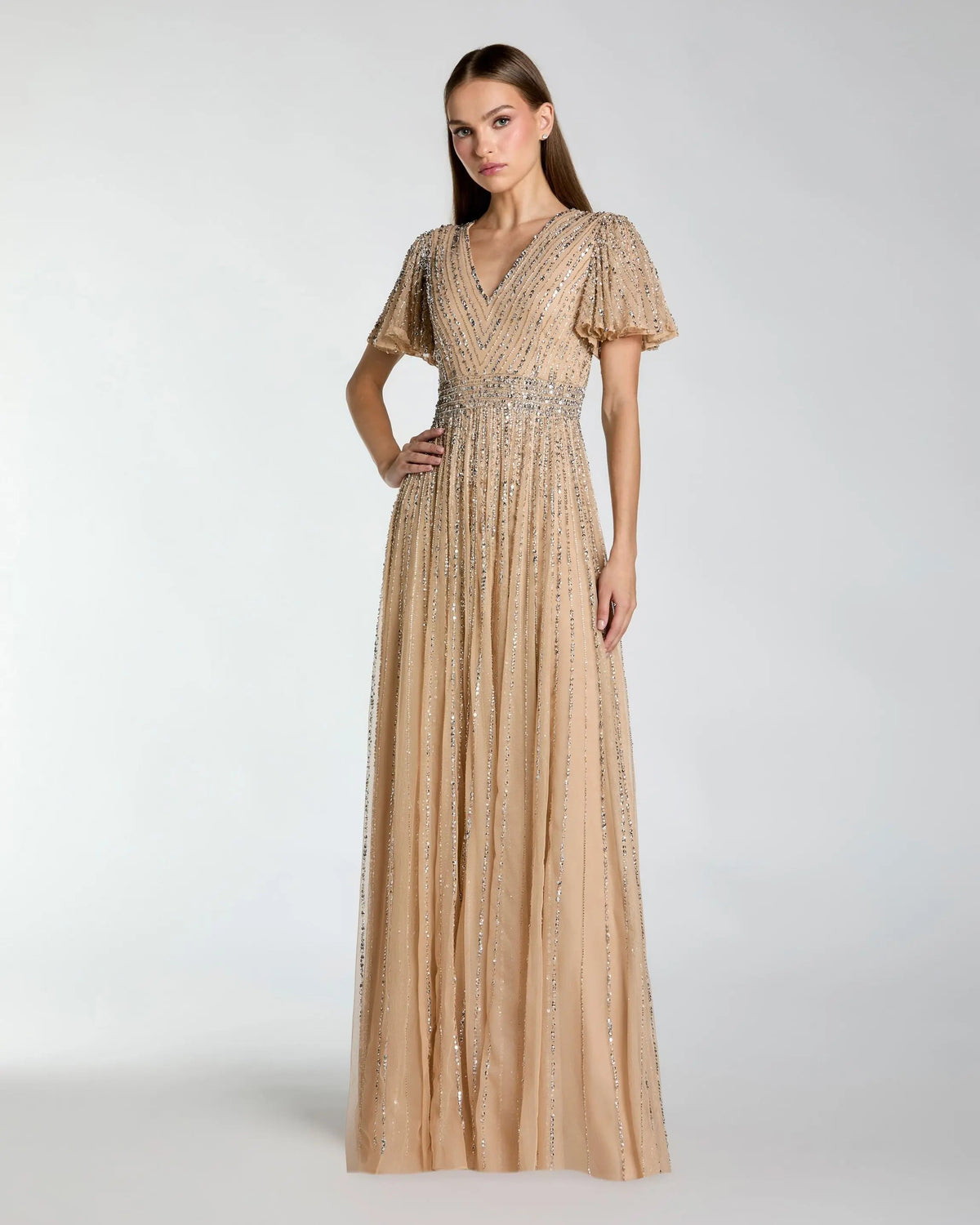 Beige Sequin V-Neck Flutter Sleeve Gown Designer Collection