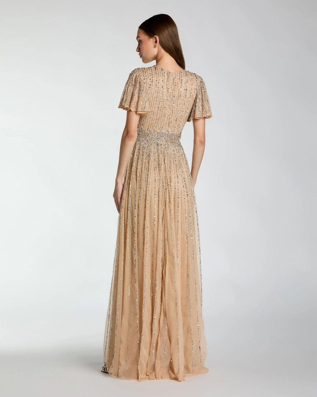 Beige Sequin V-Neck Flutter Sleeve Gown Designer Collection