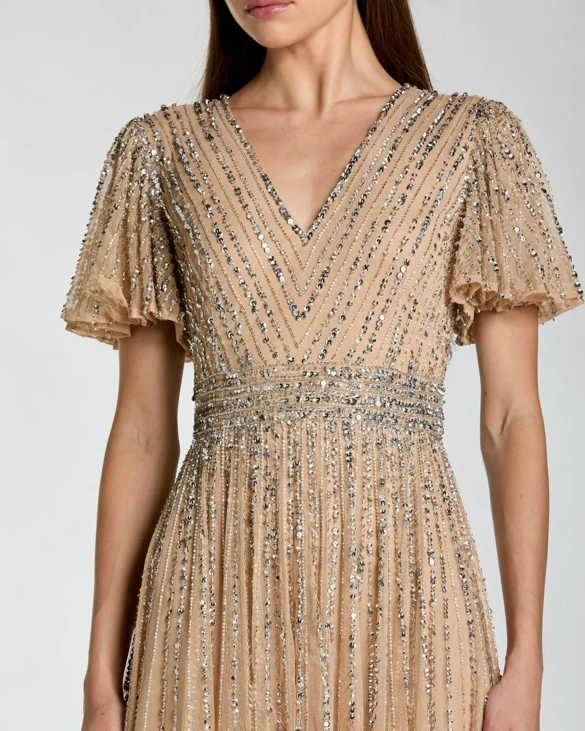 Beige Sequin V-Neck Flutter Sleeve Gown Designer Collection