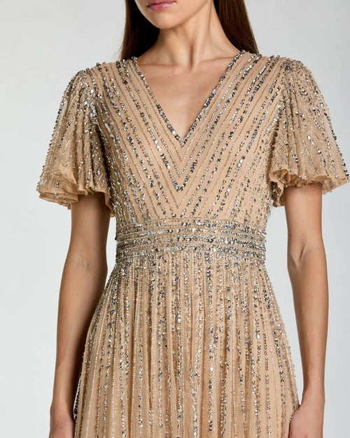 Beige Sequin V-Neck Flutter Sleeve Gown Designer Collection