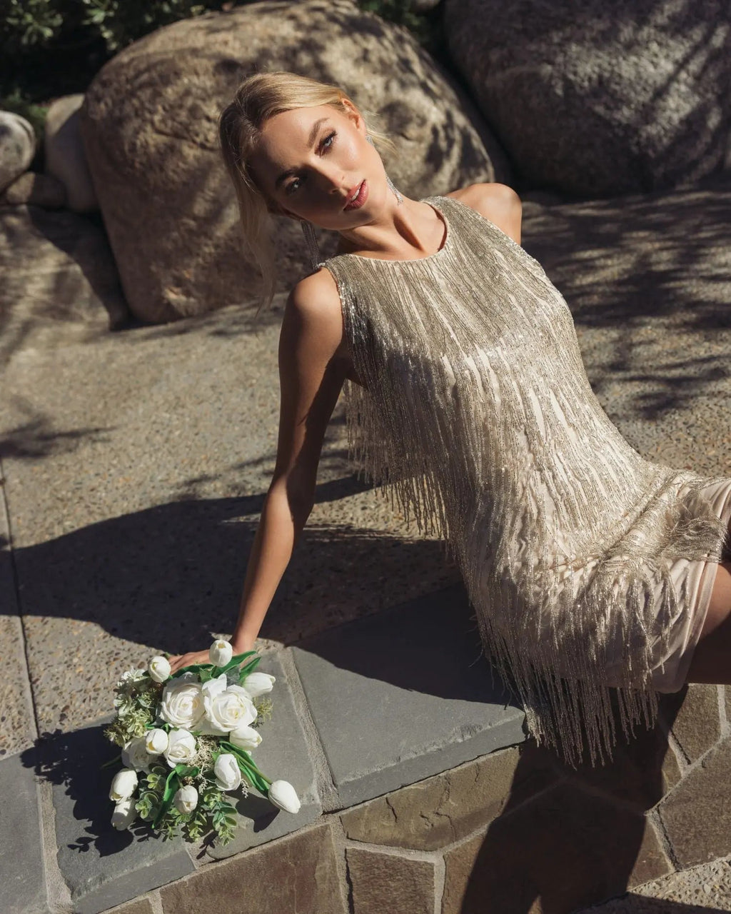 Ivory Beaded Fringe Mini Dress Designer Collection