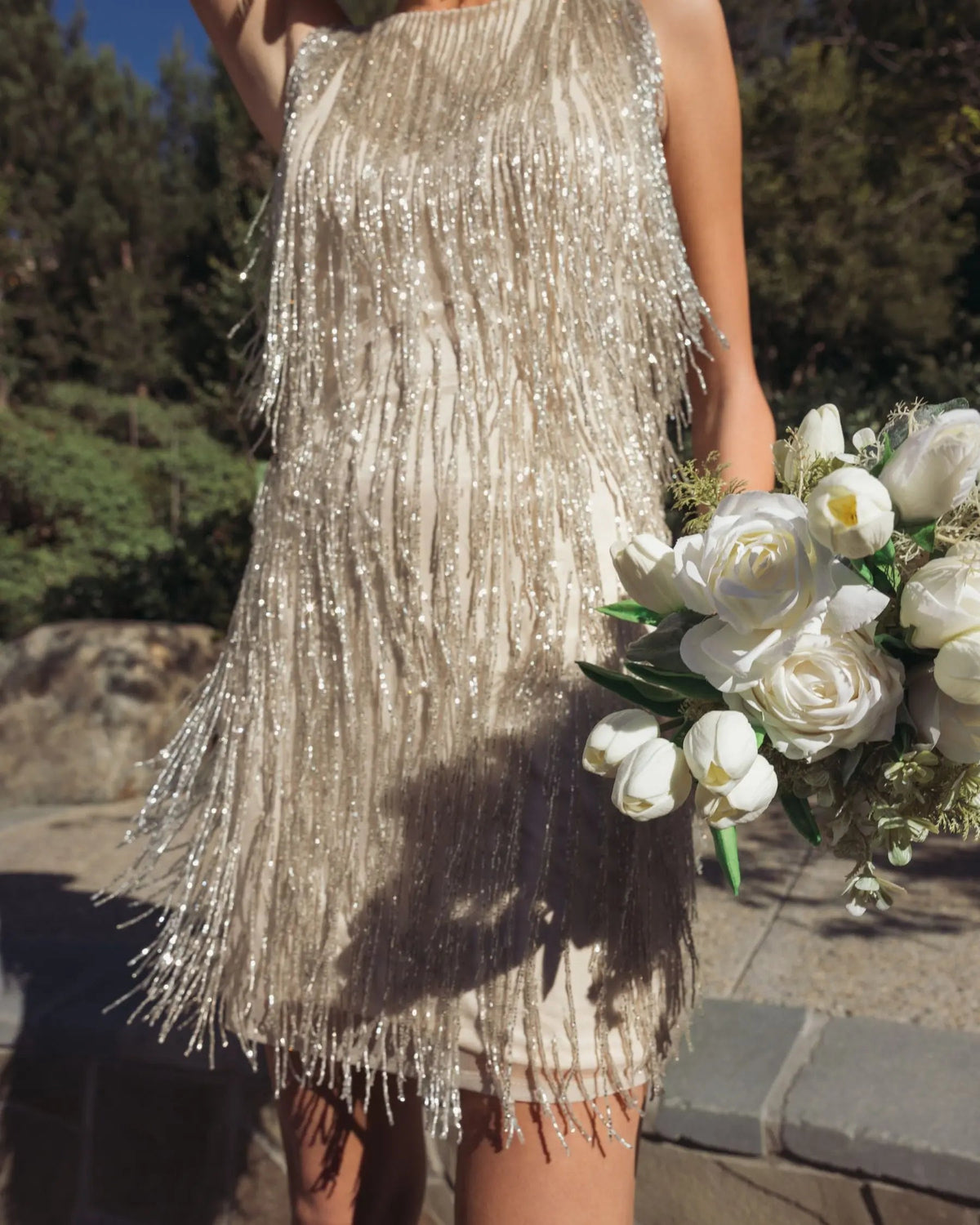 Ivory Beaded Fringe Mini Dress Designer Collection
