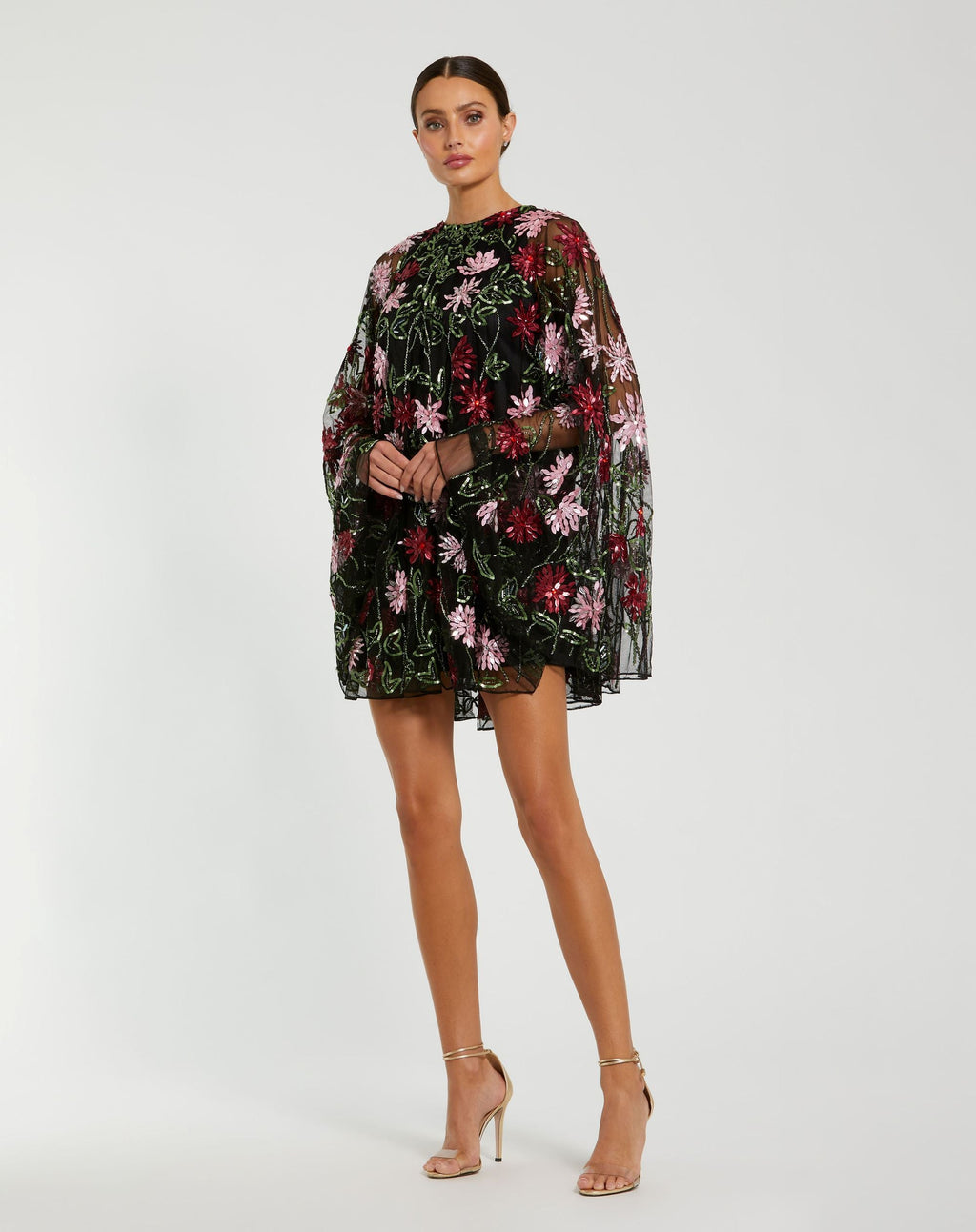 Black Floral Embellished Cape Mini Dress - Designer Collection