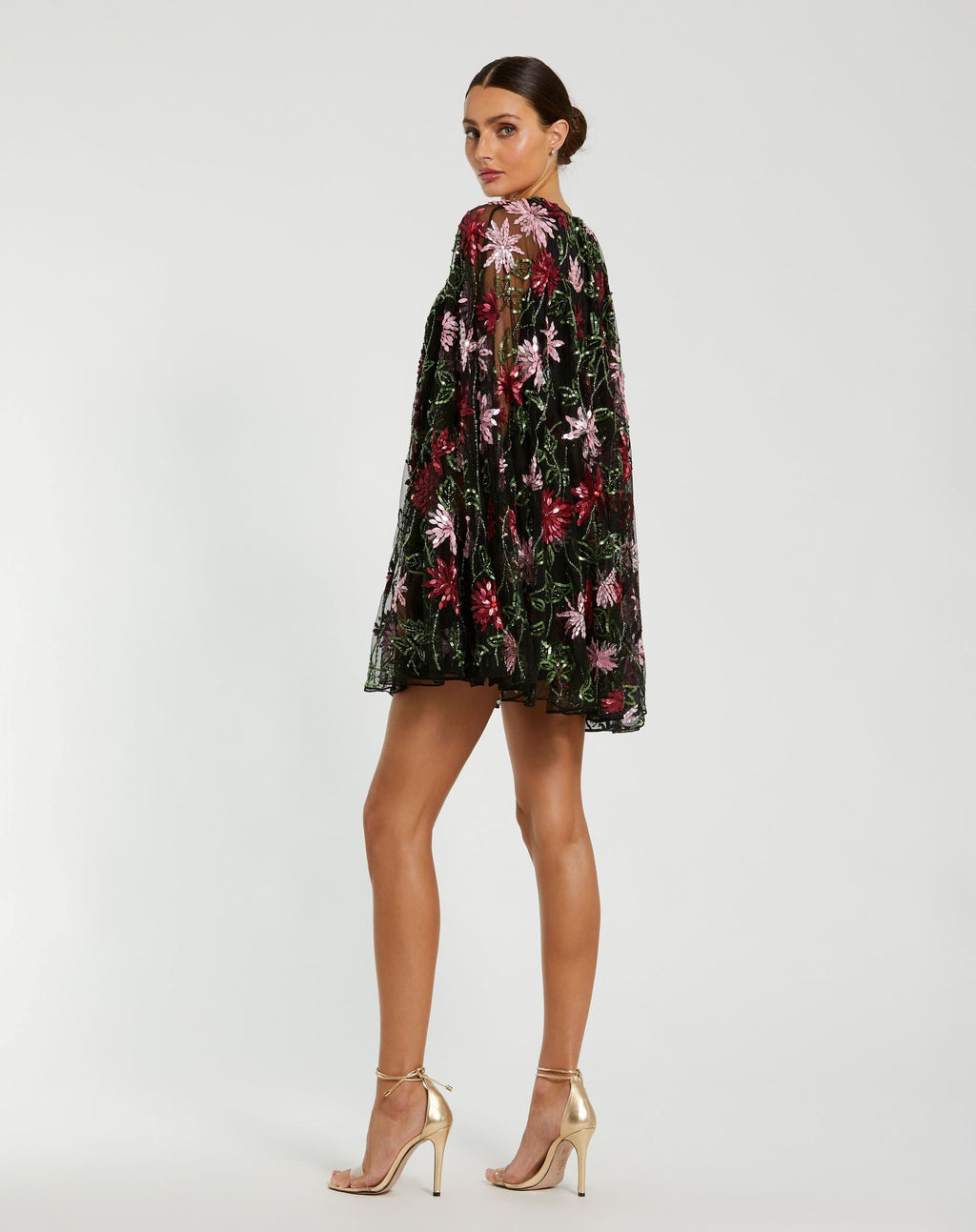 Black Floral Embellished Cape Mini Dress - Designer Collection