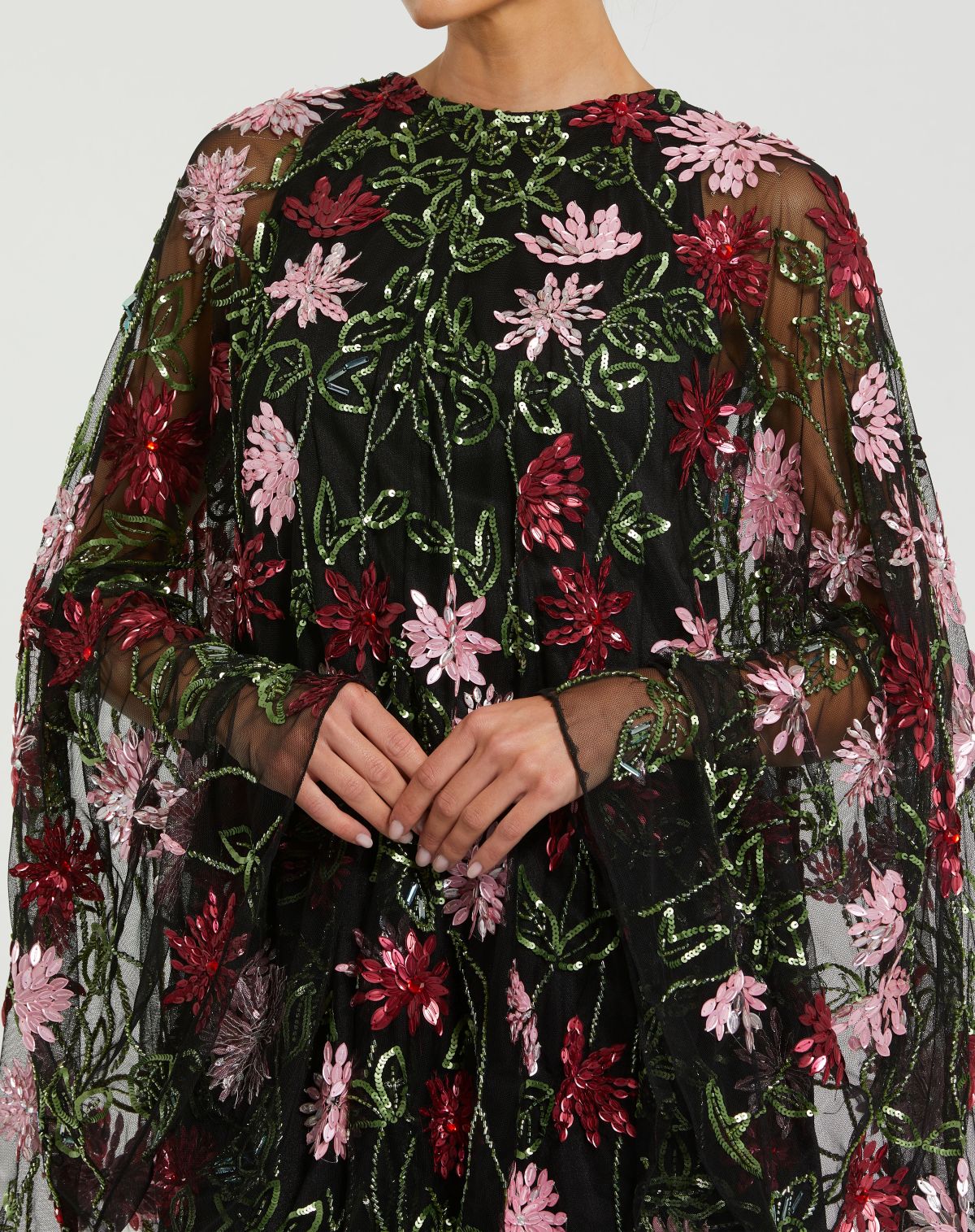 Black Floral Embellished Cape Mini Dress - Designer Collection
