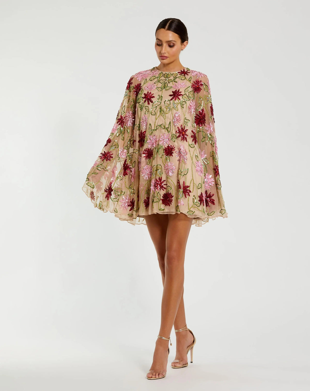 Beige Floral Embellished Shawl Mini Dress - Designer Collection