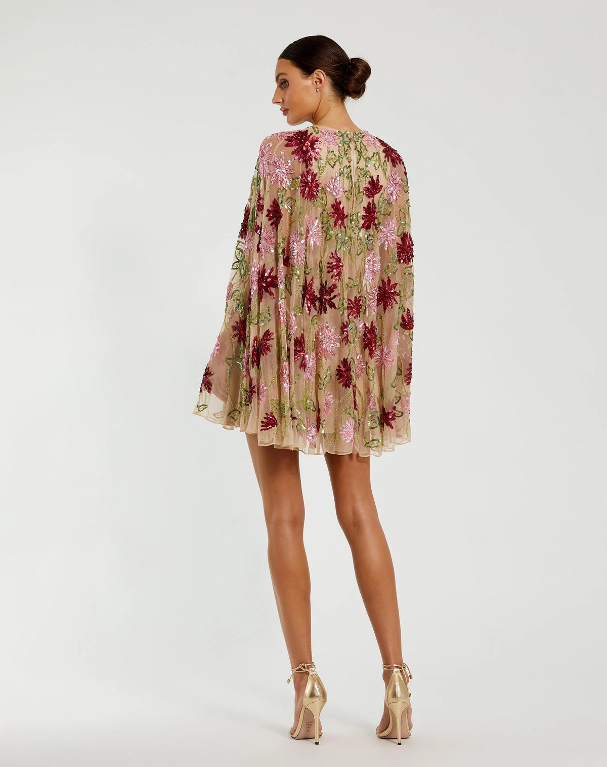 Beige Floral Embellished Shawl Mini Dress - Designer Collection