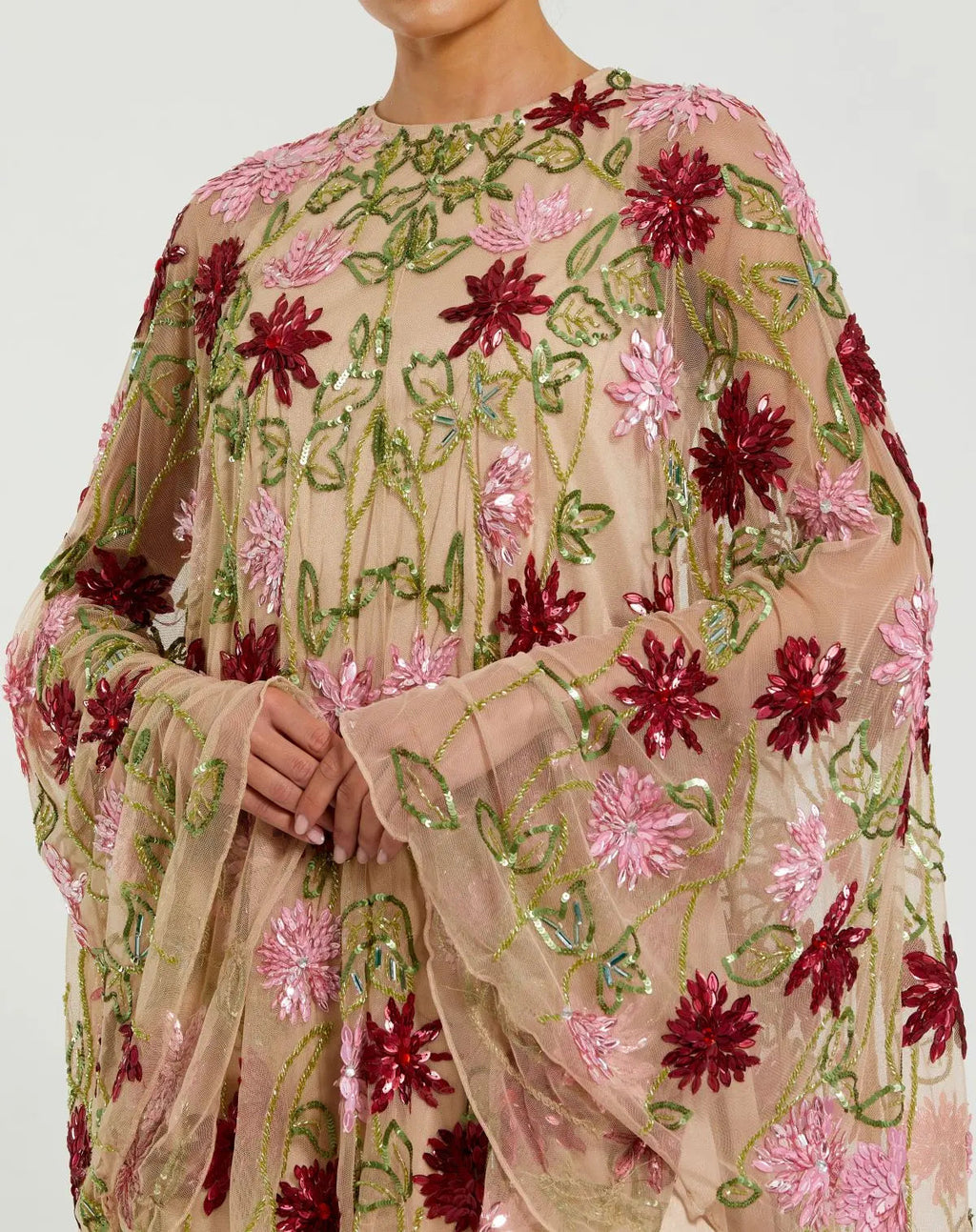 Beige Floral Embellished Shawl Mini Dress - Designer Collection