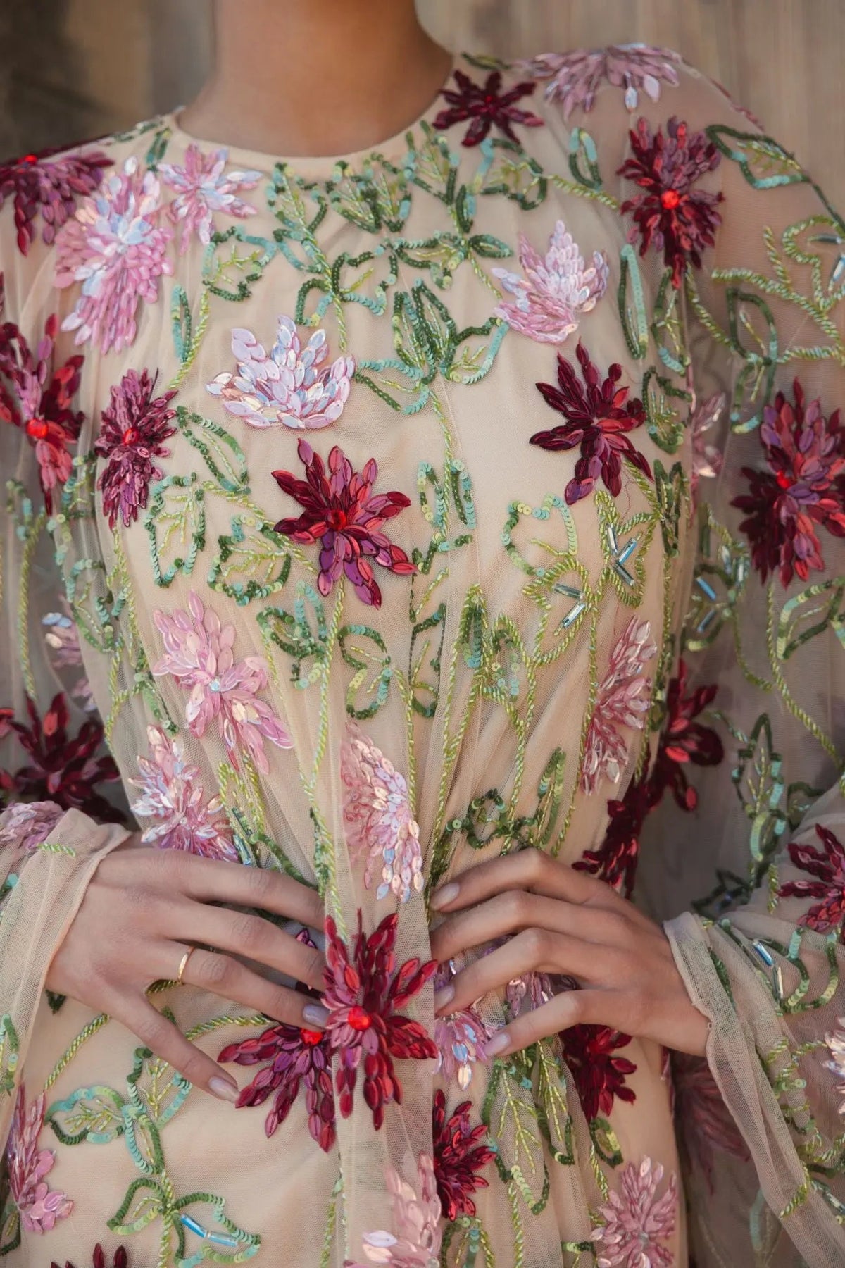 Beige Floral Embellished Shawl Mini Dress - Designer Collection