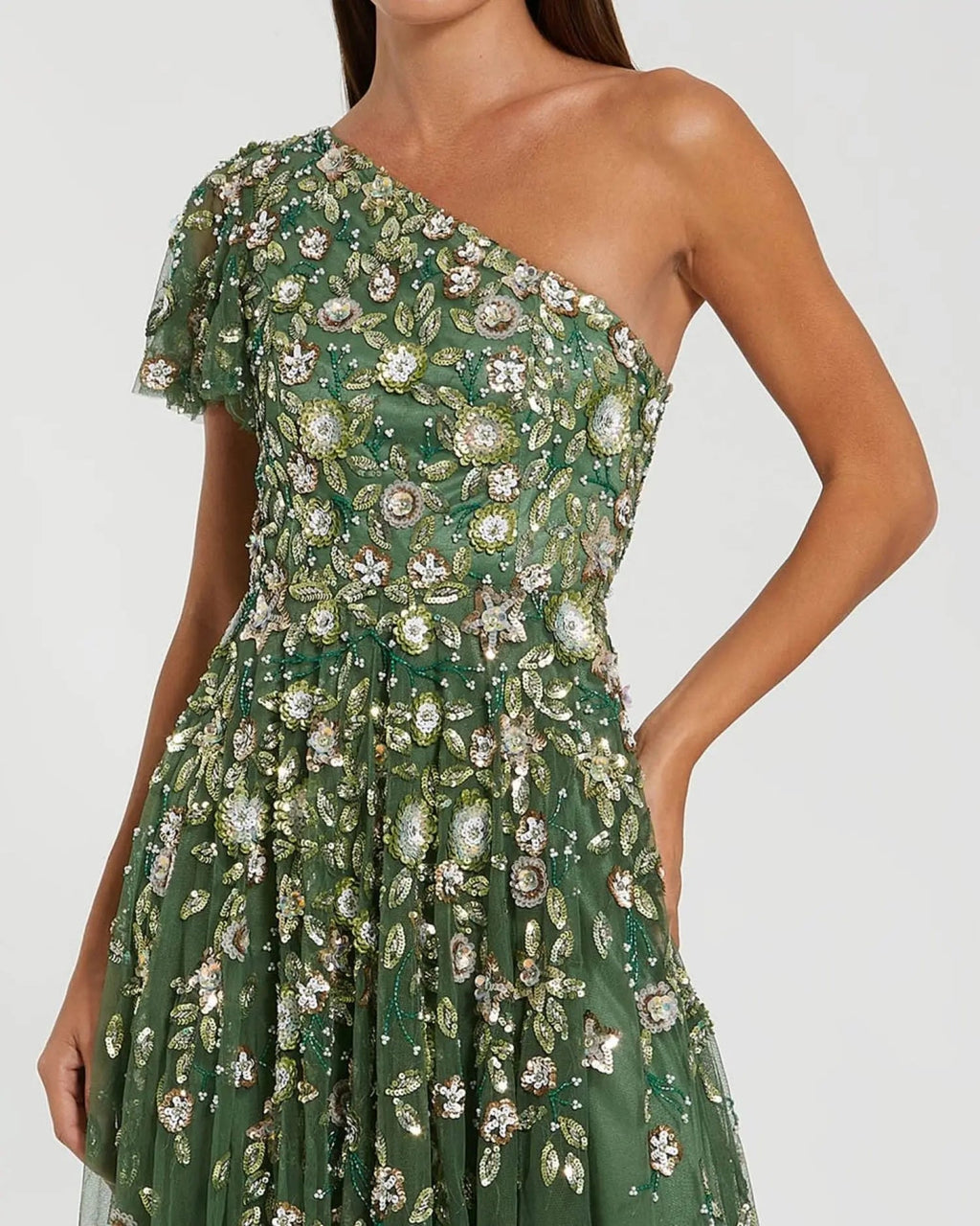 Green One Shoulder Embellished A Line Gown Designer Collection