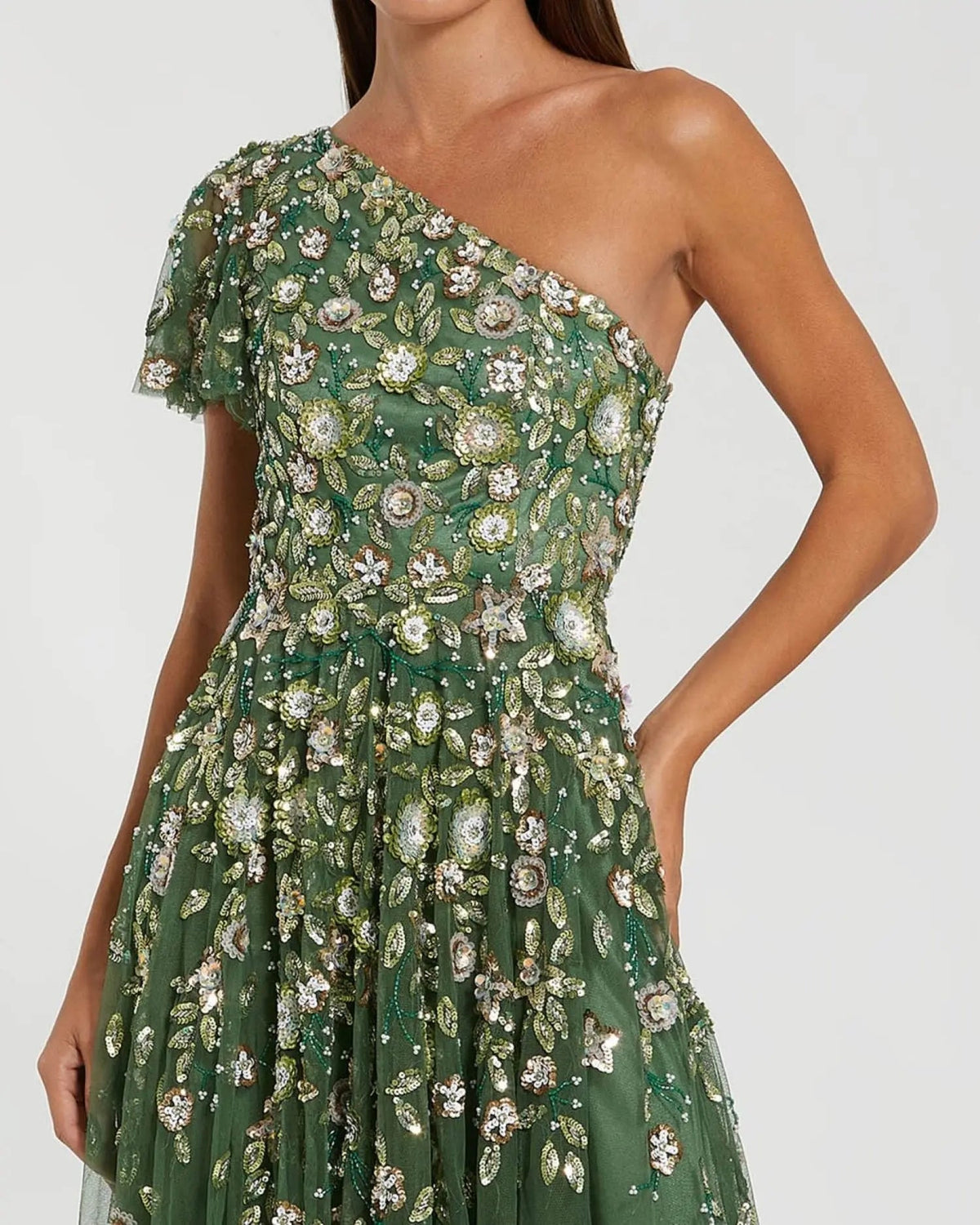 Green One Shoulder Embellished A Line Gown Designer Collection