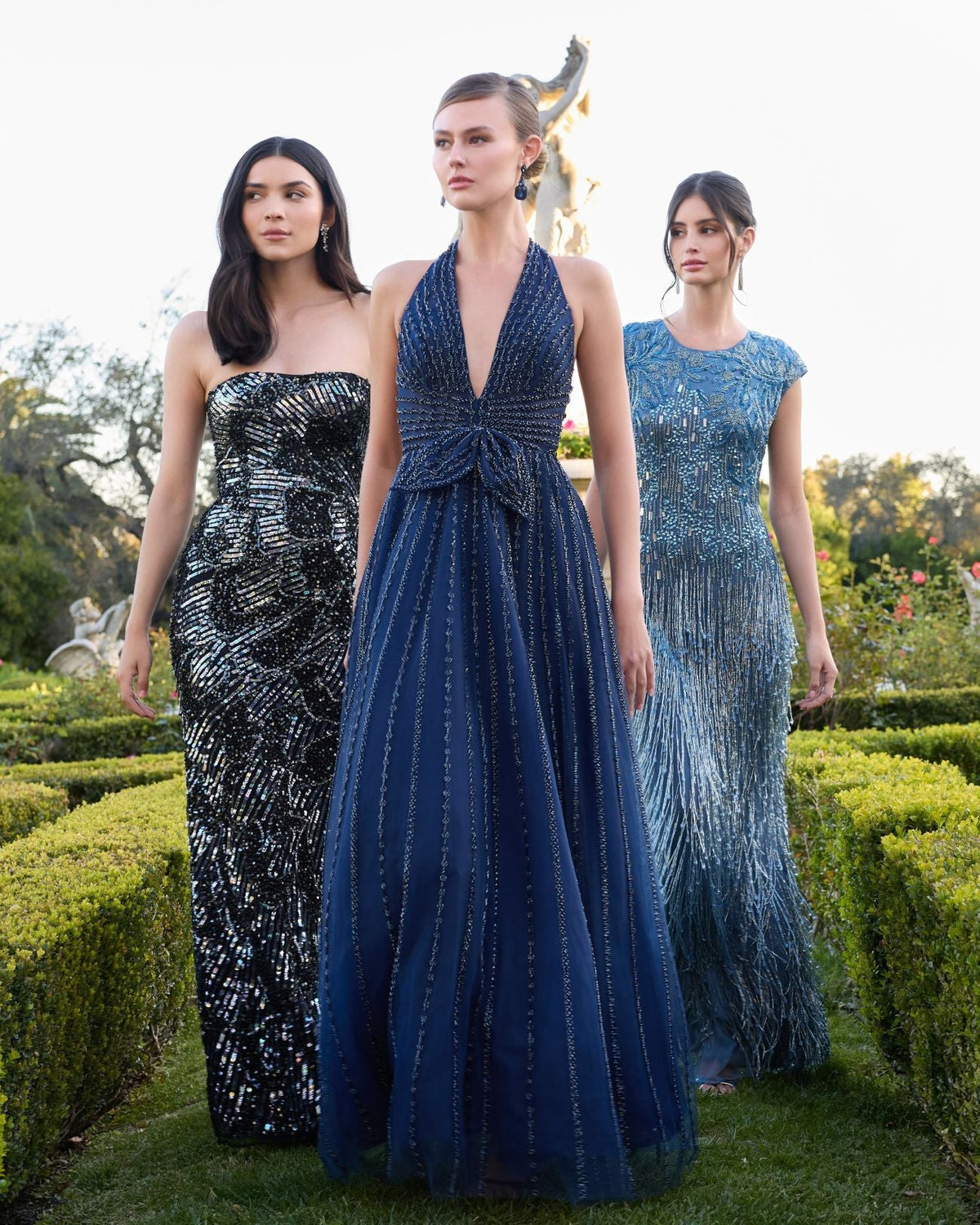 Blue Embellished Cap Sleeve Gown With Fringe Beading Designer Collection