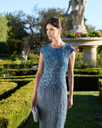 Blue Embellished Cap Sleeve Gown With Fringe Beading Designer Collection