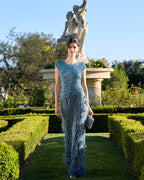 Blue Embellished Cap Sleeve Gown With Fringe Beading Designer Collection