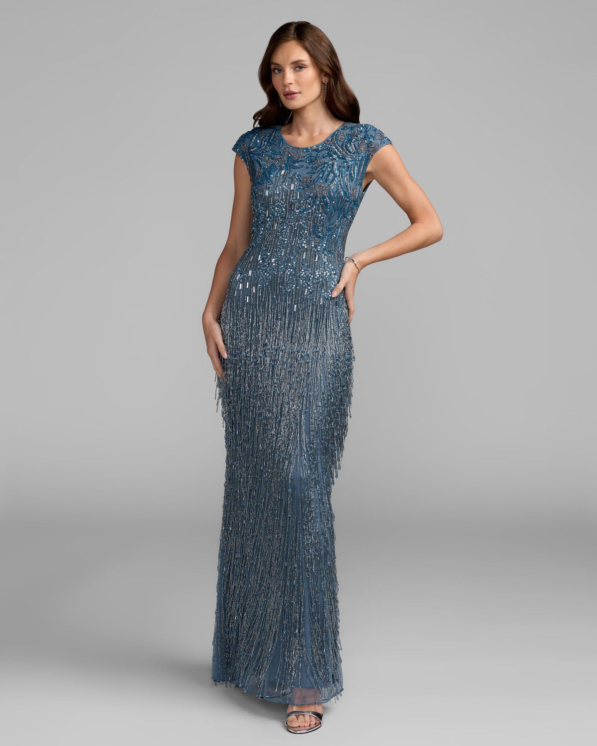 Blue Embellished Cap Sleeve Gown With Fringe Beading Designer Collection