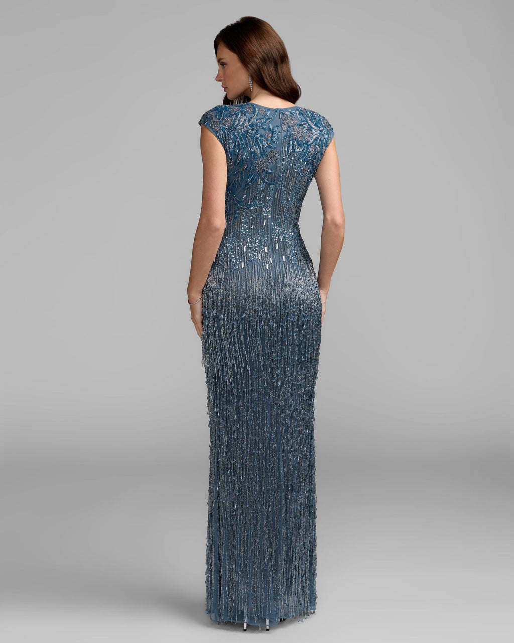 Blue Embellished Cap Sleeve Gown With Fringe Beading Designer Collection