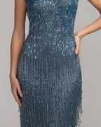 Blue Embellished Cap Sleeve Gown With Fringe Beading Designer Collection