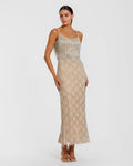 Nude Beaded Fringe Column Maxi Dress Designer Collection
