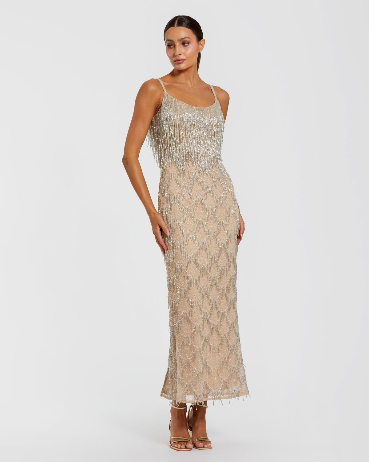 Nude Beaded Fringe Column Maxi Dress Designer Collection