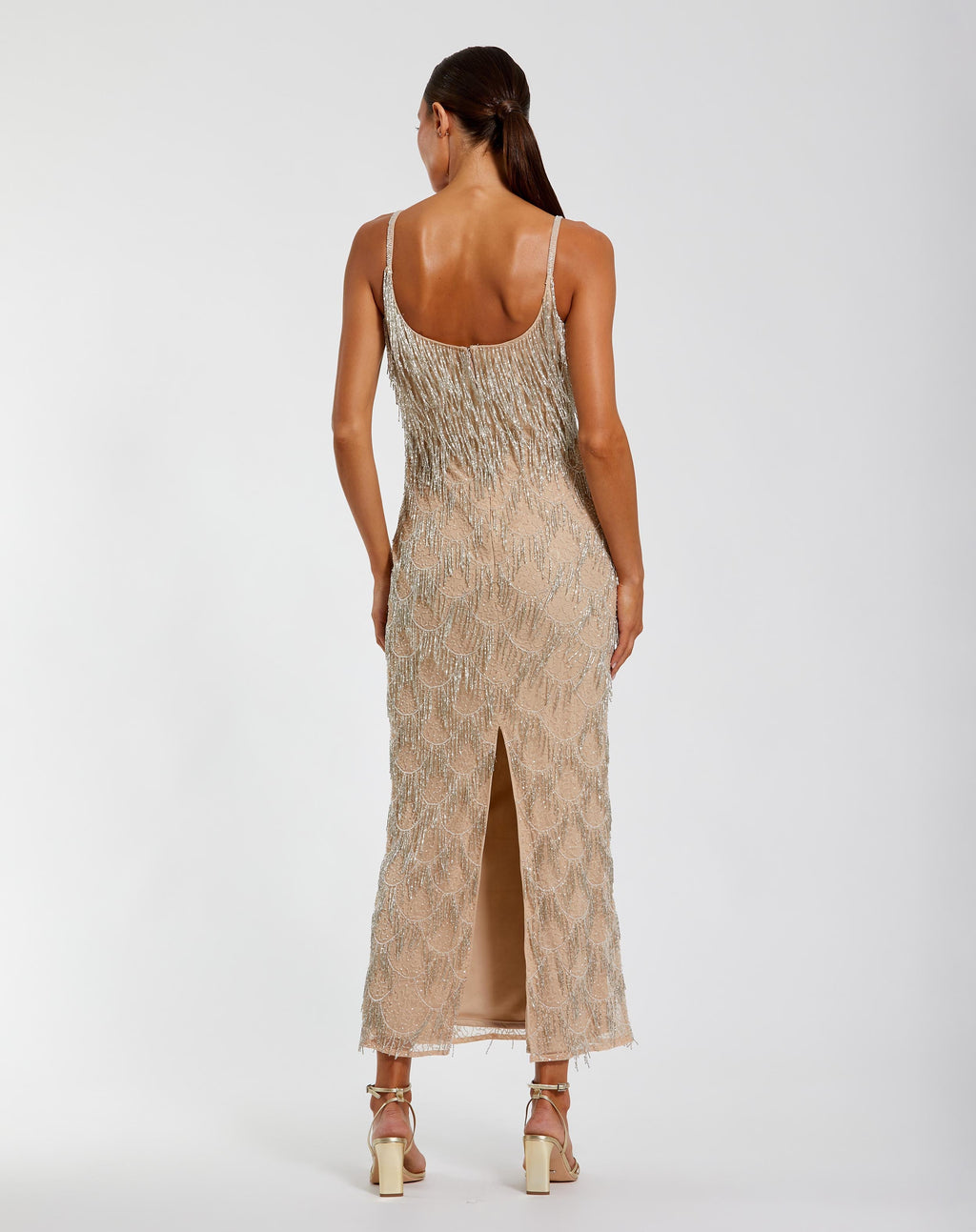 Nude Beaded Fringe Column Maxi Dress Designer Collection