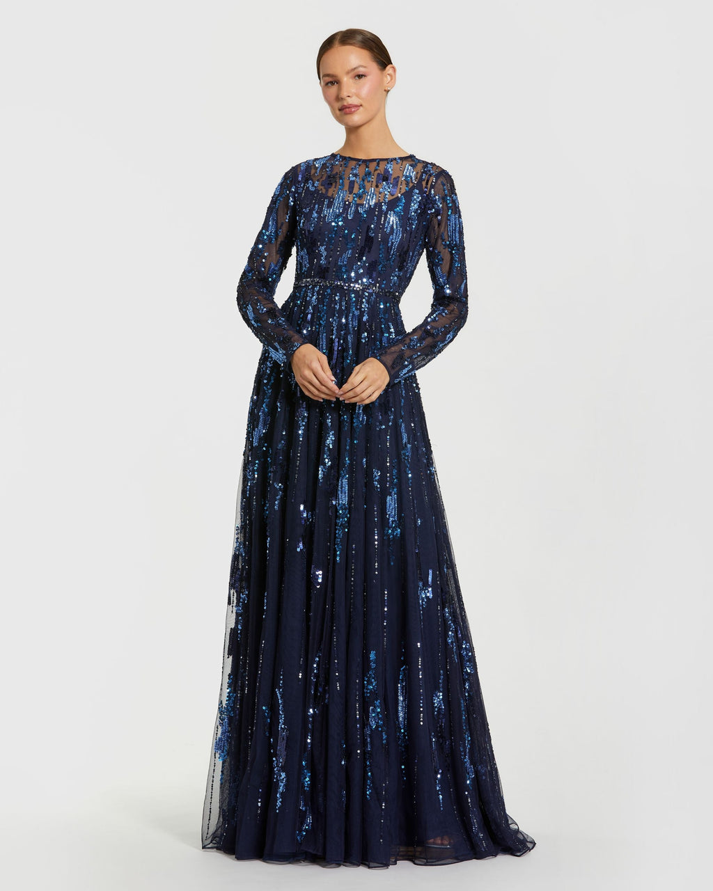 Navy Long Sleeve Sequin Embellished Gown Designer Collection
