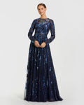 Navy Long Sleeve Sequin Embellished Gown Designer Collection