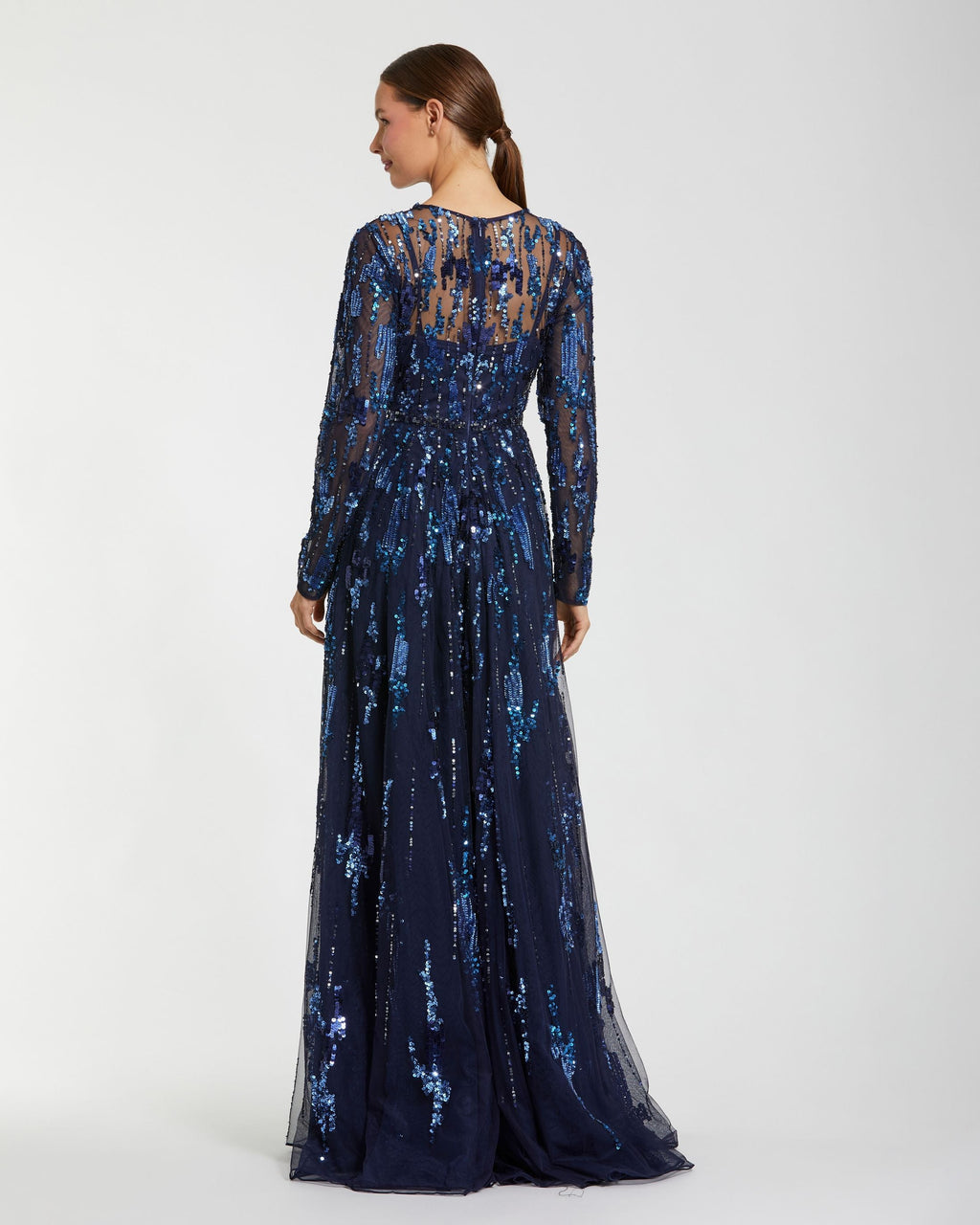 Navy Long Sleeve Sequin Embellished Gown Designer Collection