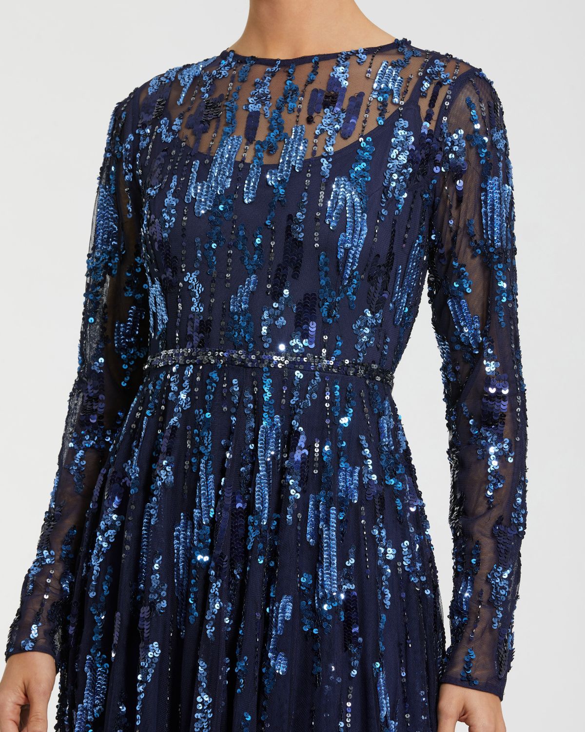 Navy Long Sleeve Sequin Embellished Gown Designer Collection