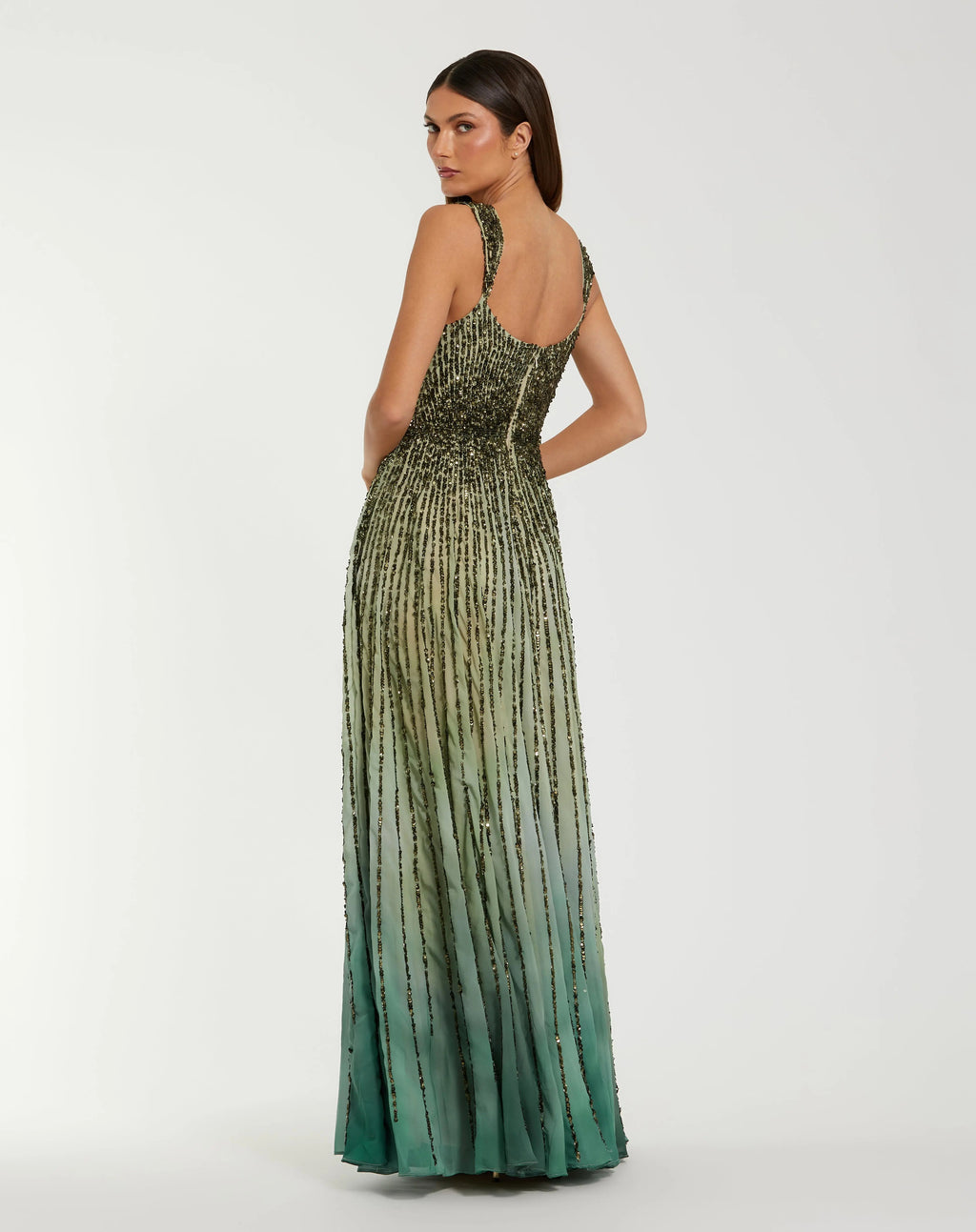 Green Sleeveless Sequin A Line Ombre Gown - Designer Collection