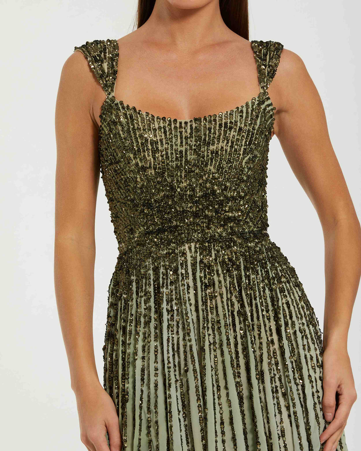 Green Sleeveless Sequin A Line Ombre Gown - Designer Collection