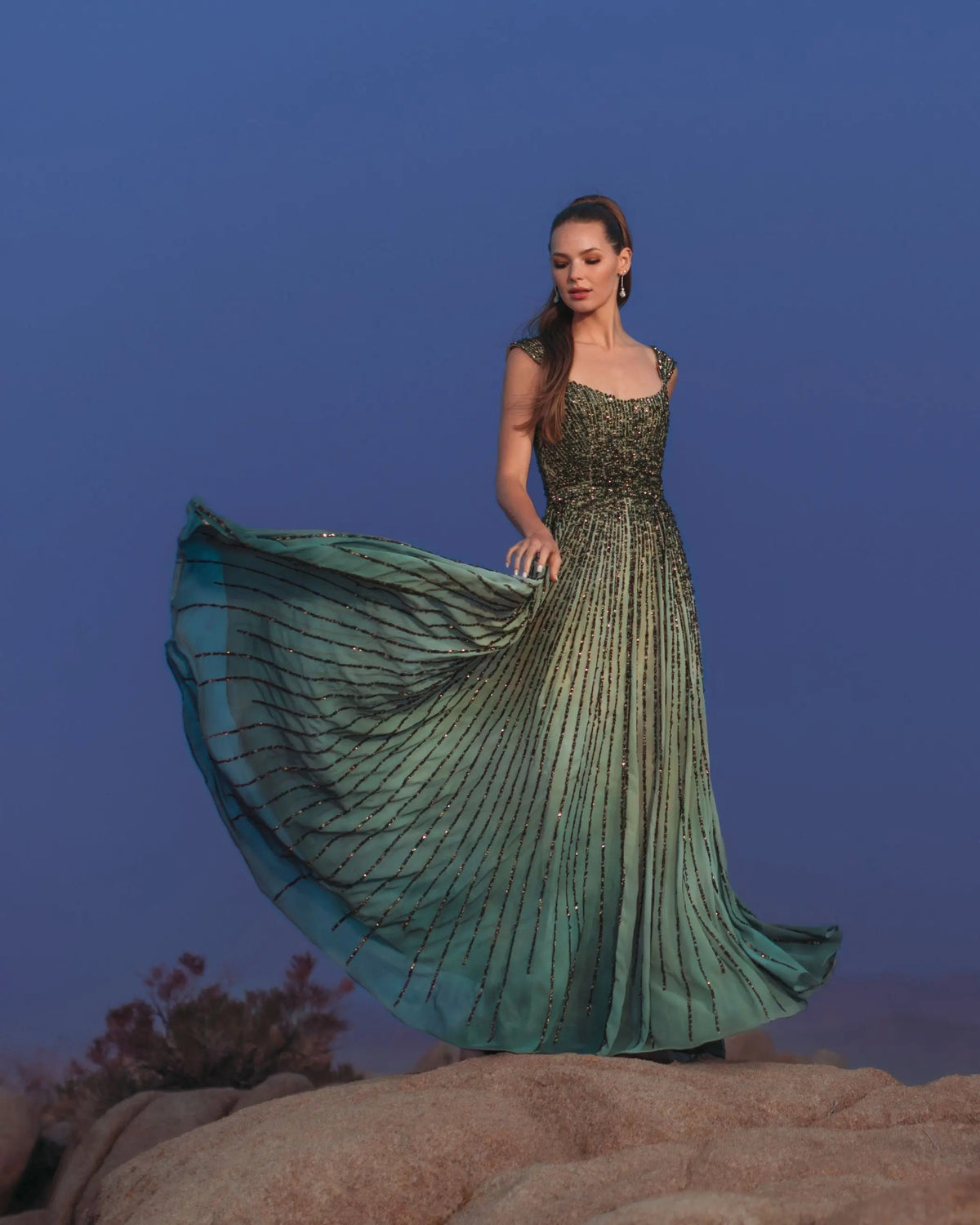 Green Sleeveless Sequin A Line Ombre Gown - Designer Collection