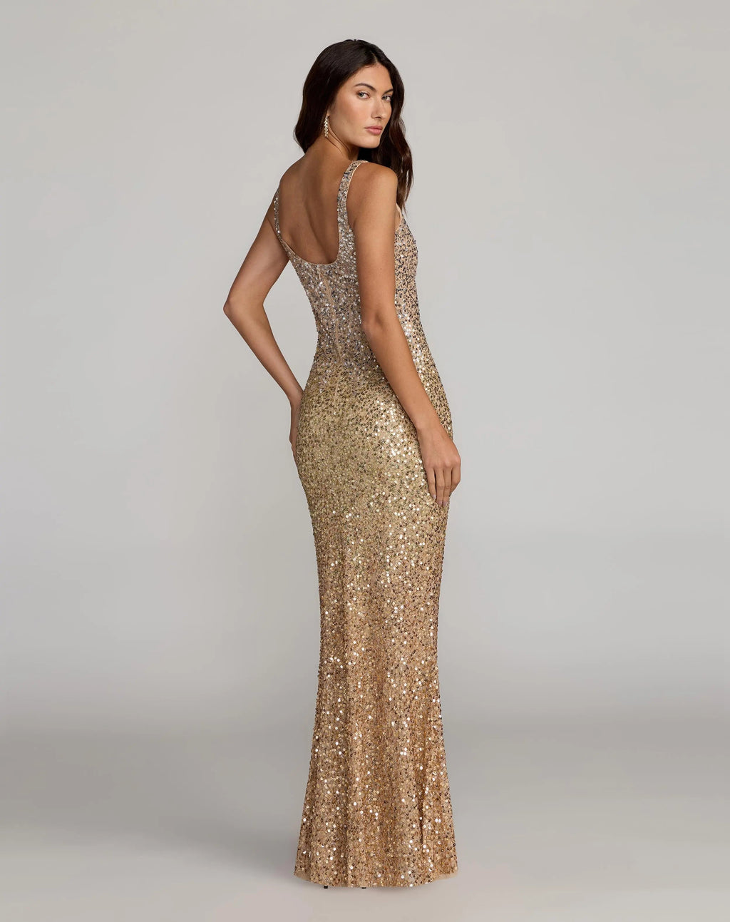 Gold Sequin Scoop Neck Column Gown Designer Collection