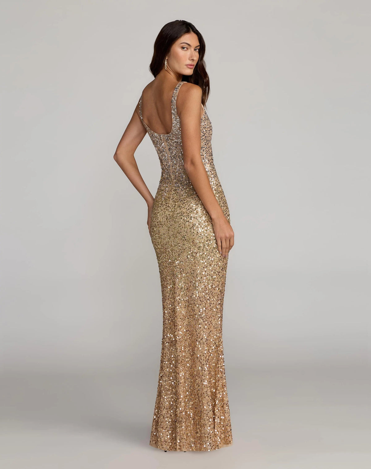 Gold Sequin Scoop Neck Column Gown Designer Collection