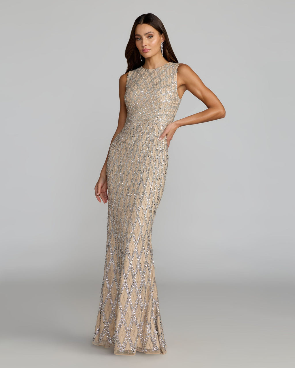 Nude Beaded Sleeveless Column Gown Designer Collection