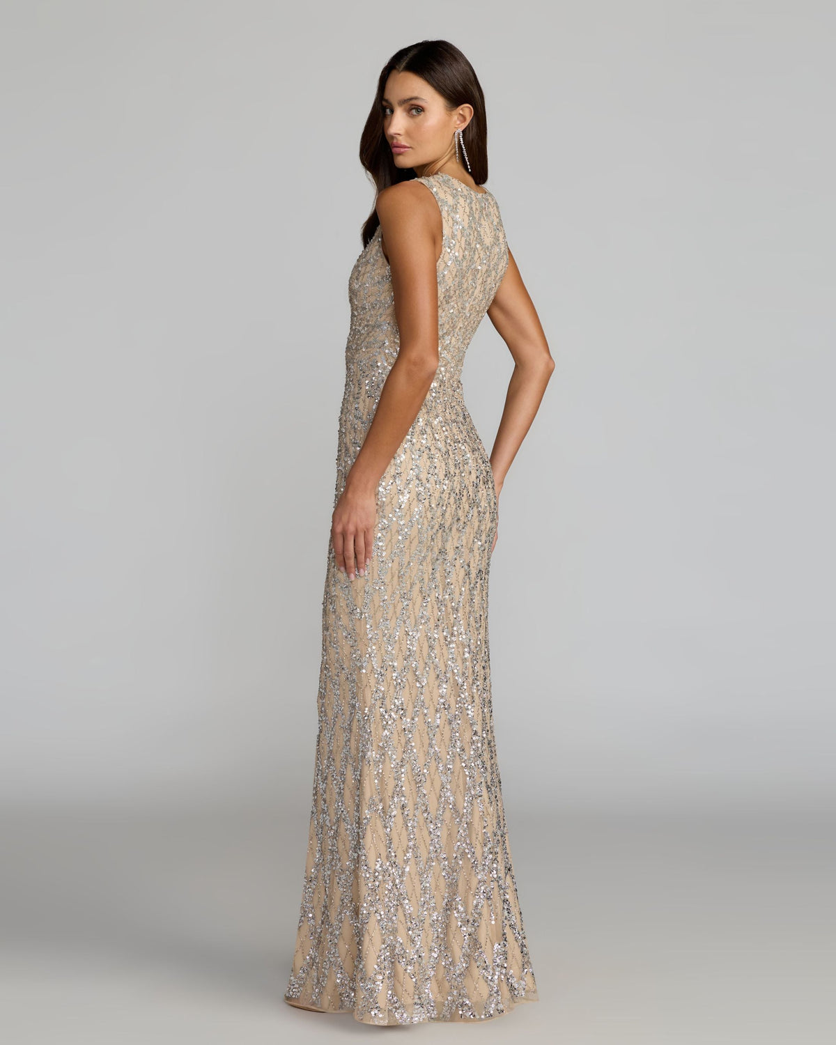 Nude Beaded Sleeveless Column Gown Designer Collection
