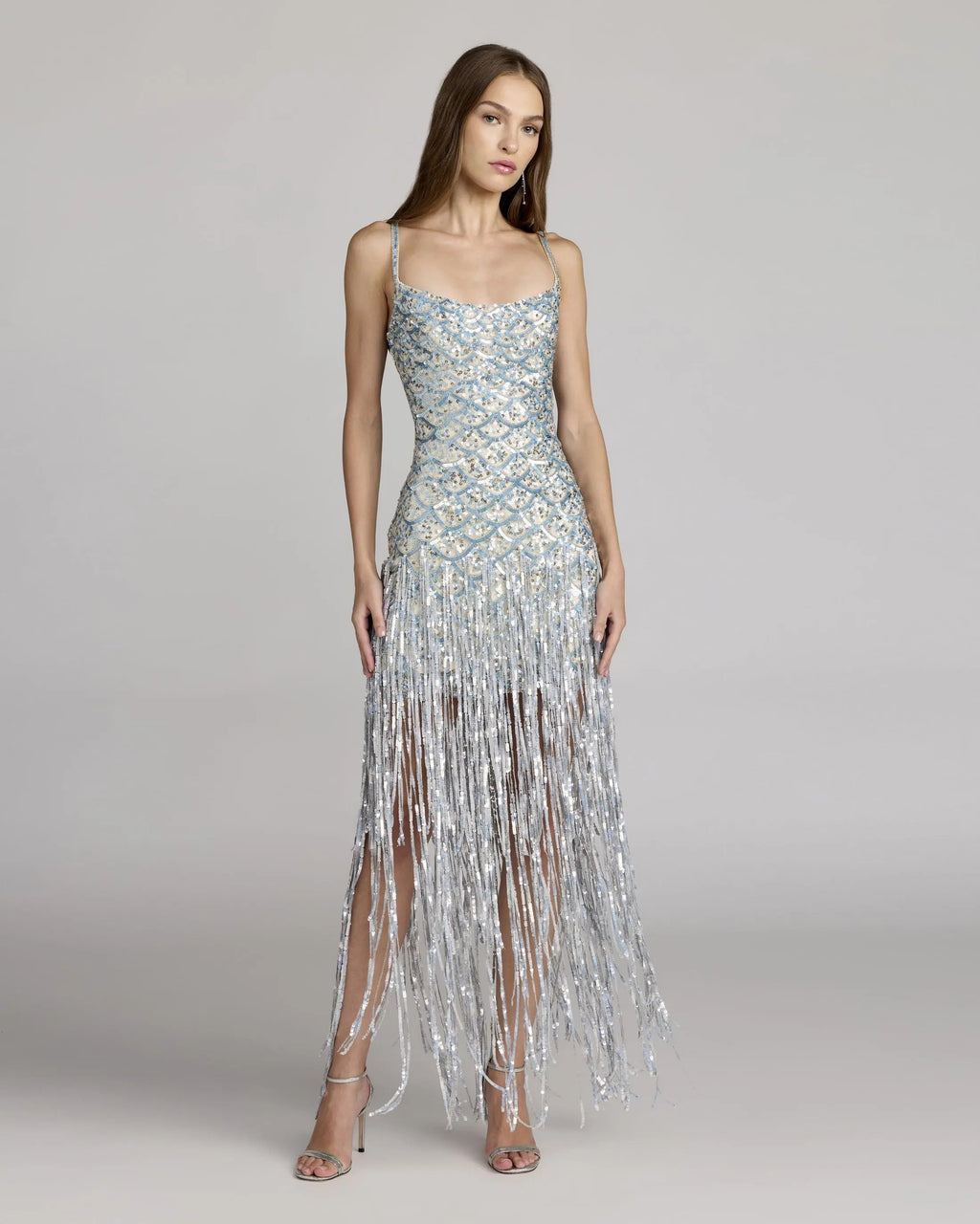 Blue Silver Sequin Fringe Midi Dress Designer Collection