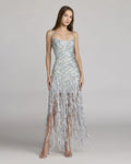 Blue Silver Sequin Fringe Midi Dress Designer Collection