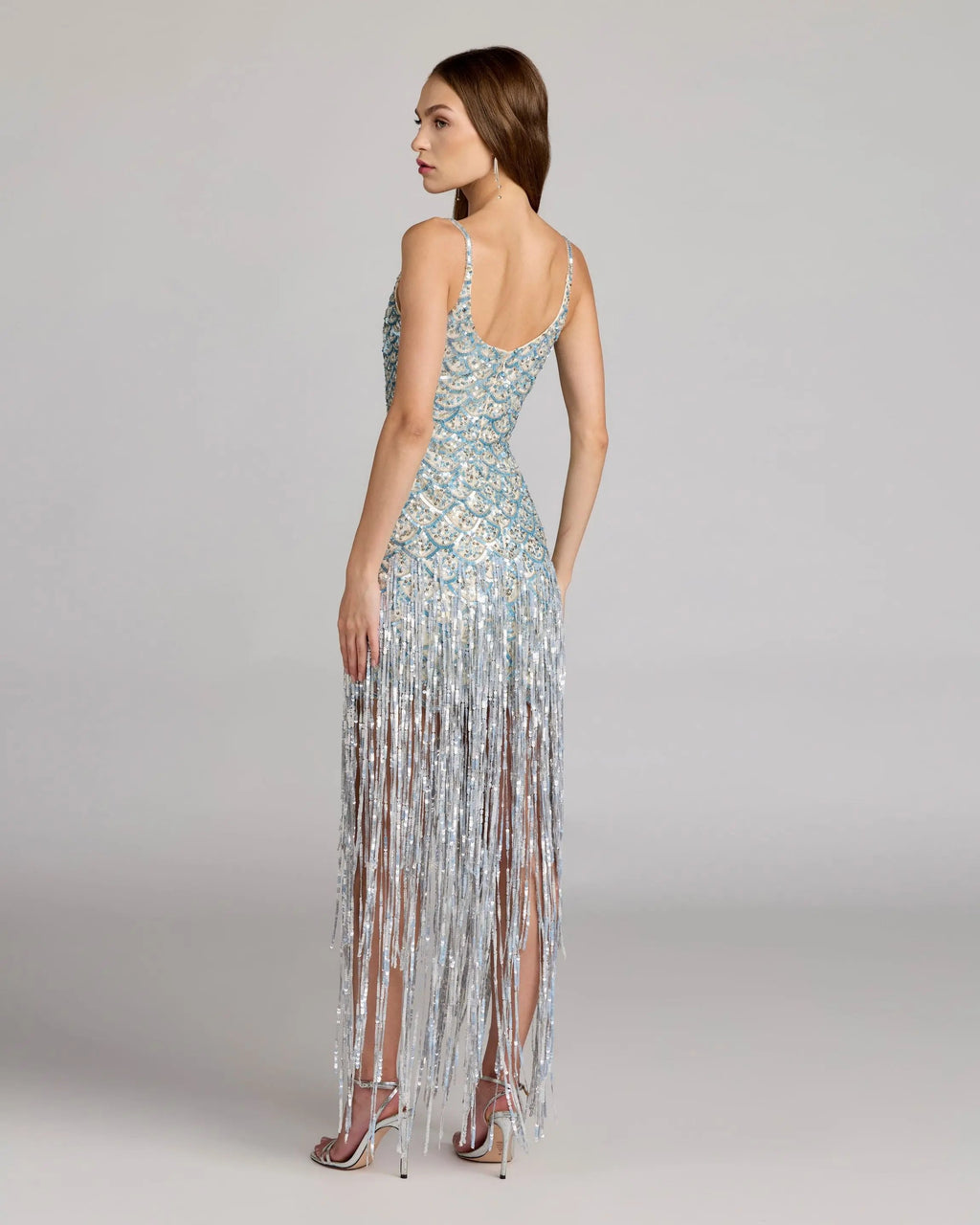 Blue Silver Sequin Fringe Midi Dress Designer Collection