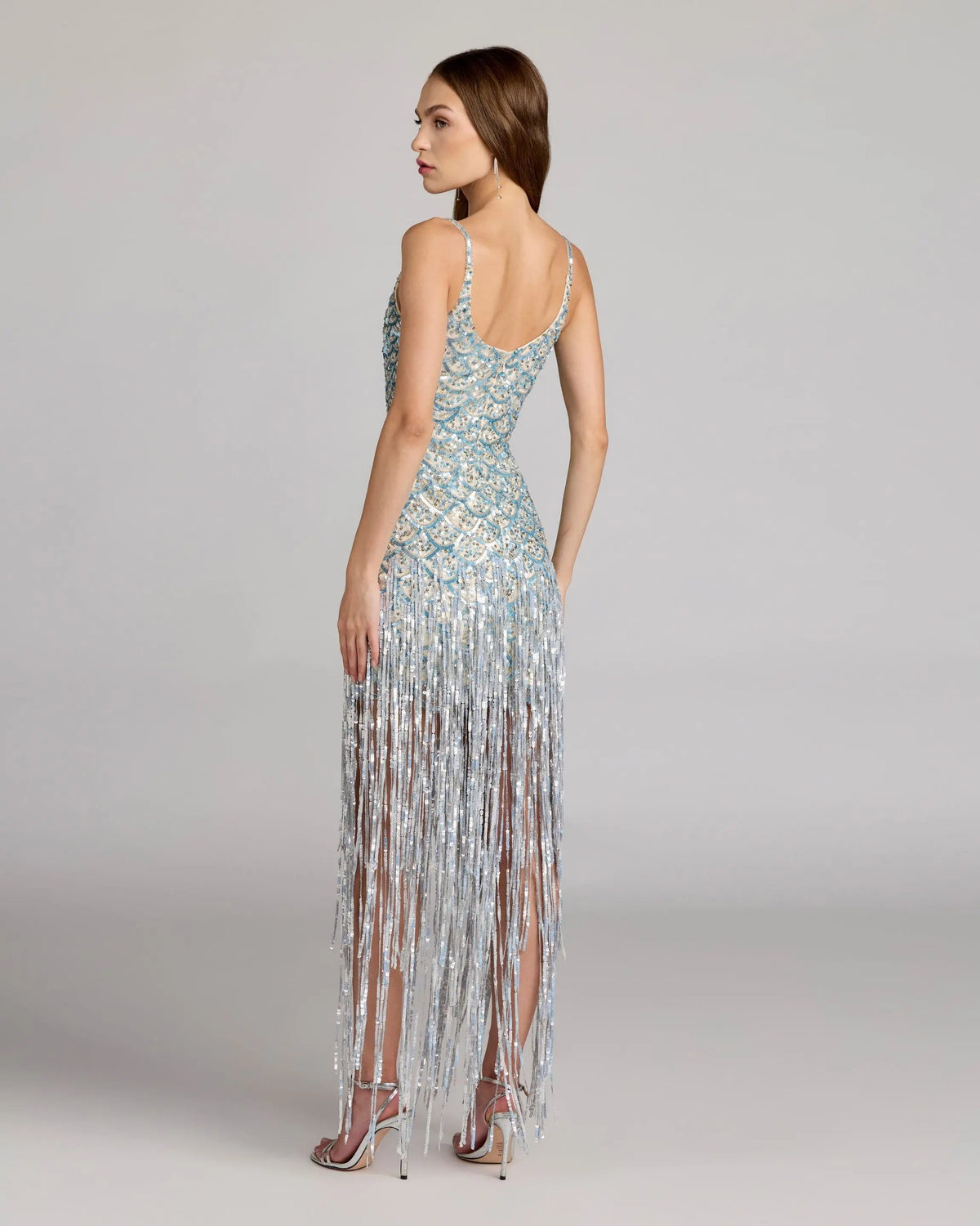 Blue Silver Sequin Fringe Midi Dress Designer Collection