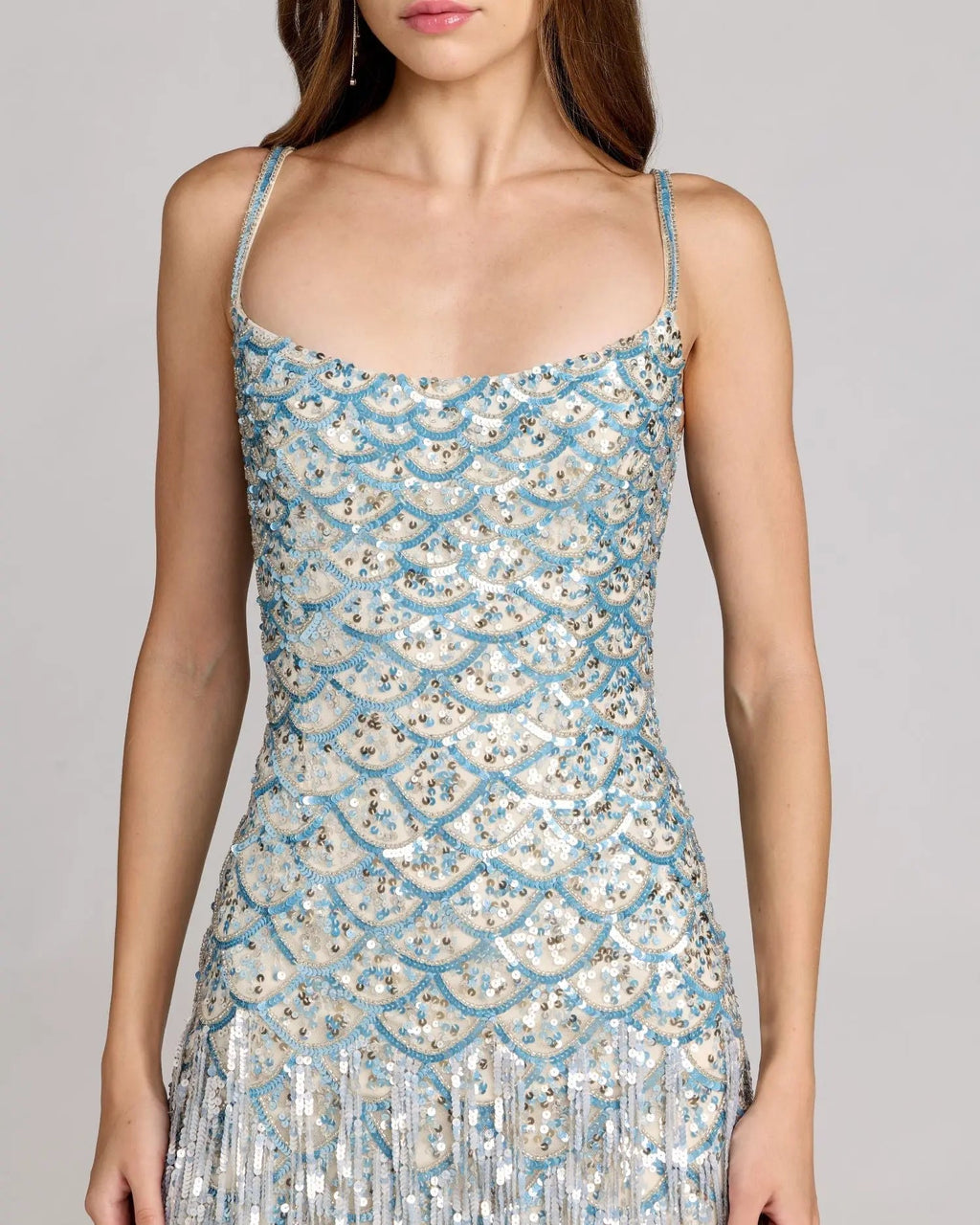 Blue Silver Sequin Fringe Midi Dress Designer Collection