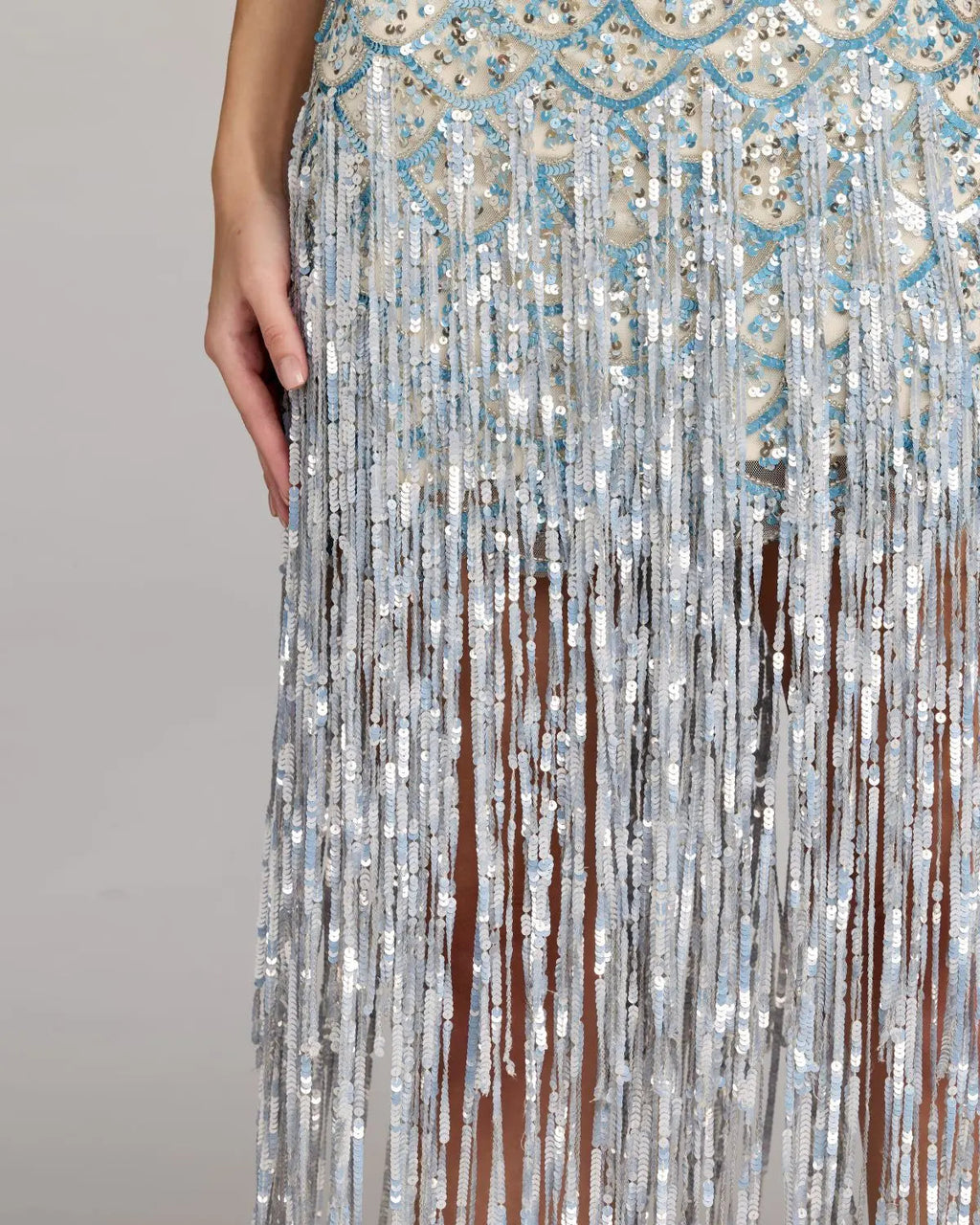 Blue Silver Sequin Fringe Midi Dress Designer Collection