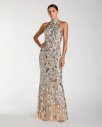 Silver Sequin Halter Backless Column Gown Designer Collection