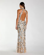 Silver Sequin Halter Backless Column Gown Designer Collection