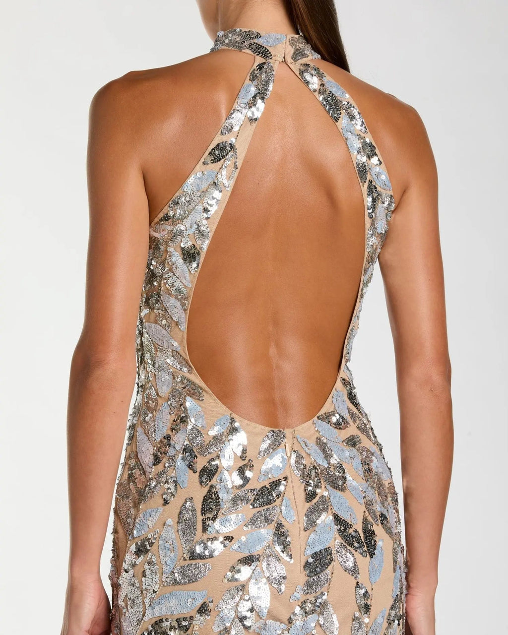 Silver Sequin Halter Backless Column Gown Designer Collection